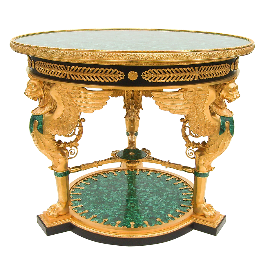 Our European handcrafted French Empire Center Table With Winged Lions in Malachite and Ormolu