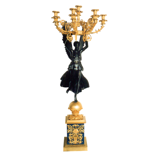 Our European handcrafted Nike Bronze Candelabra With Lapis Base in Ormolu, Bronze and Lapis