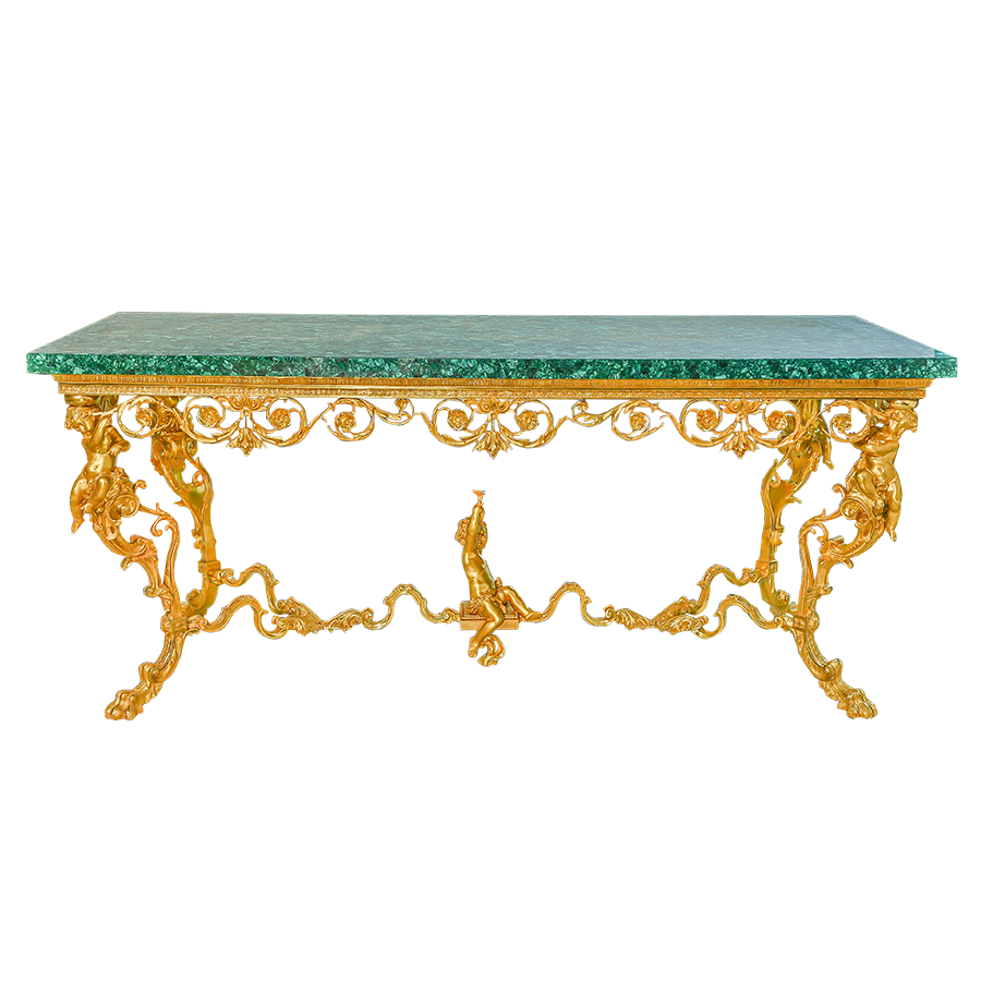Our European handcrafted Louis Xv Table With Cherubs in Malachite and Ormolu