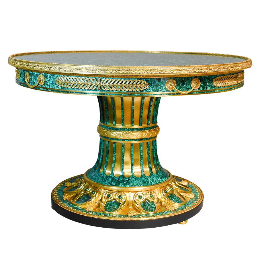 Our European handcrafted Round French Empire Center Table in Malachite and Ormolu