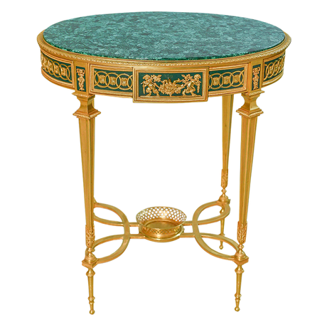 Our European handcrafted Oval French Empire Side Table in Malachite and Ormolu