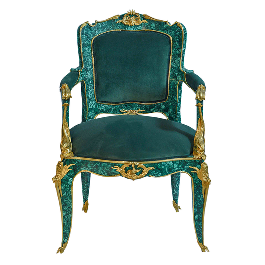 Our European handcrafted Louis Xv Arm Chair in Malachite and Ormolu