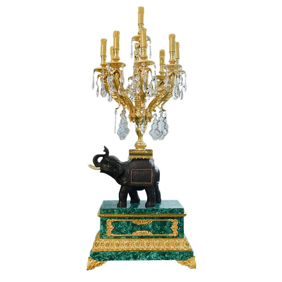 Our European handcrafted Candelabra With Bronze Elephant And Malachite Base in Malachite, Ormolu and Bronze