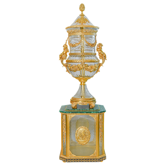 Our European handcrafted French Empire Crystal Vase With Top And Base in Crystal, Ormolu and Malachite