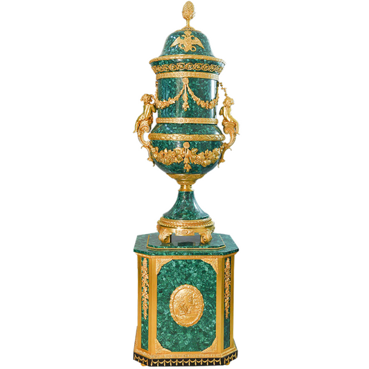 Our European handcrafted French Empire Malachite Vase With Top And Base in Malachite and Ormolu