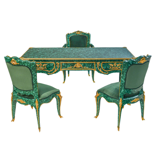 Our European handcrafted Louis Xv Desk Set in Malachite and Ormolu
