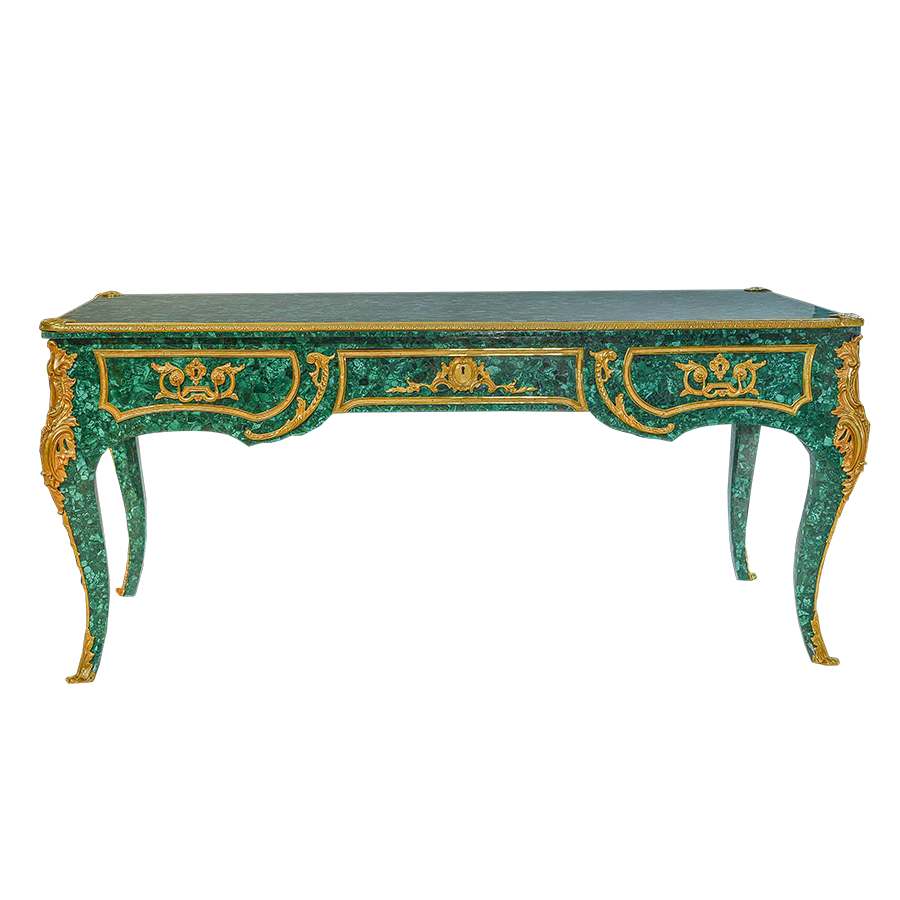 Our European handcrafted Louis Xv Desk in Malachite and Ormolu