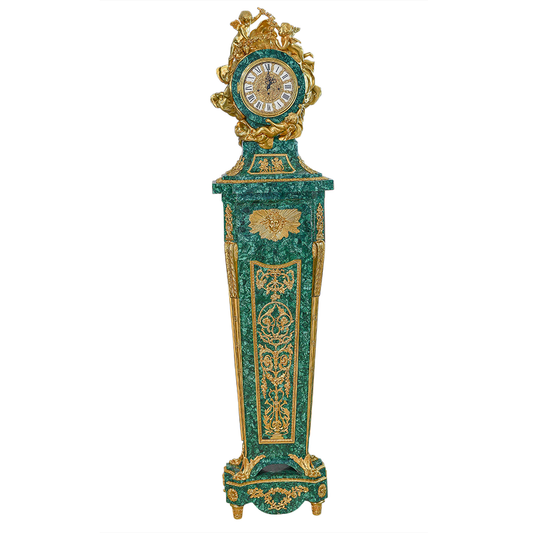Our European handcrafted Ormolu And Malachite Grandfather Clock in Malachite and Ormolu