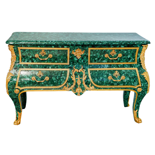 Our European handcrafted Boulle Chest Of Drawers in Malachite and Ormolu