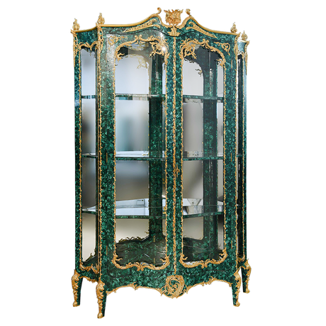 Our European handcrafted Louis Xv Vitrine in Malachite, Ormolu and Mirror