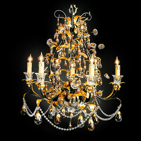 7730-MD0462L7 LT711701 7 Light Iron & Crystal Chandelier-Black & Gold (30Hx27D)