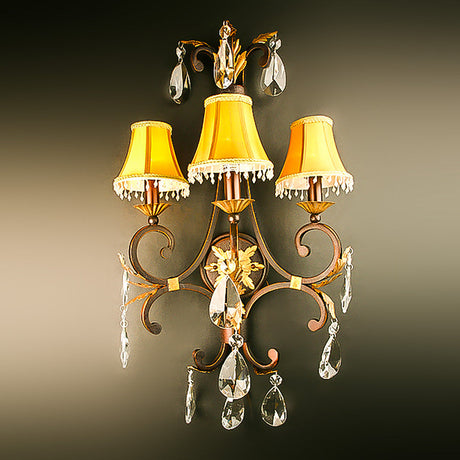 7732-D4992L3 LT730401 Pair 3 Light Iron & Crystal Sconces w/Shades-Patinaed Finish (33Hx18W)