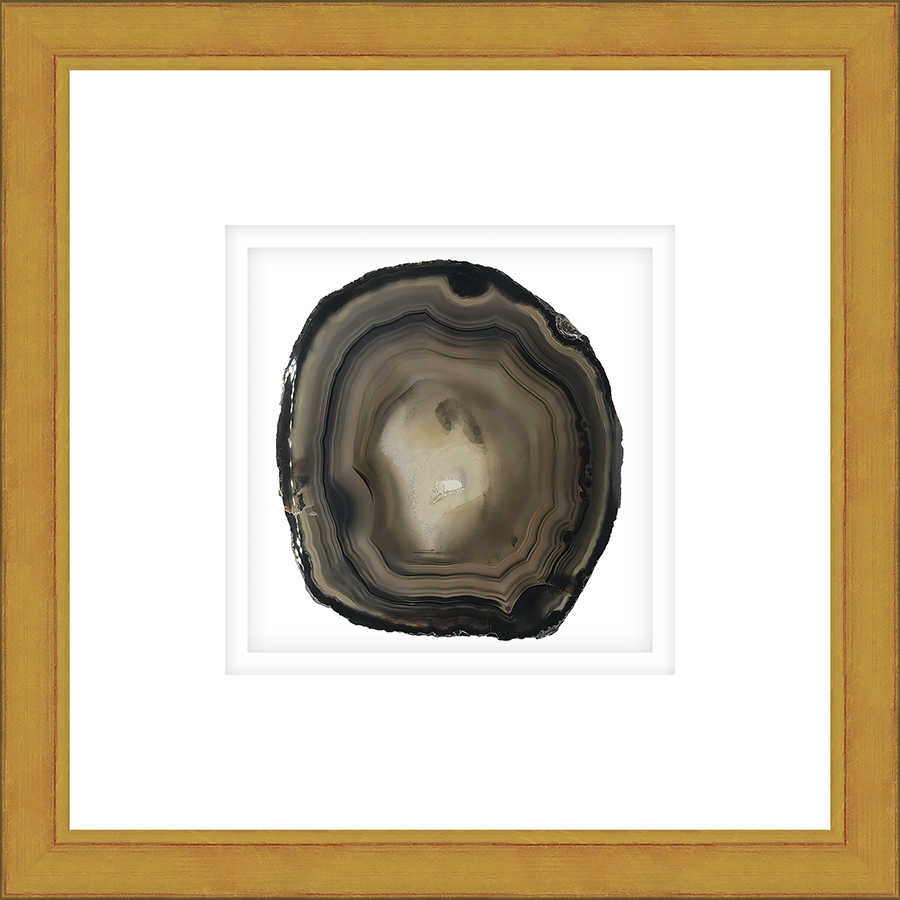 ASGD01 - FRAMED AMBER AGATE SLICE Shadow box hand framed in a traditional gold frame. Finished Size: W 16.00 in x H 16.00 in