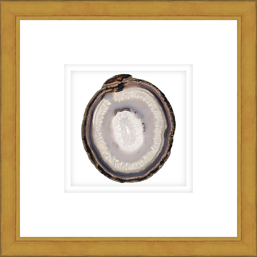ASGY01 - FRAMED AMBER AGATE SLICE Shadow box hand framed in a traditional gold frame. Finished Size: W 16.00 in x H 16.00 in
