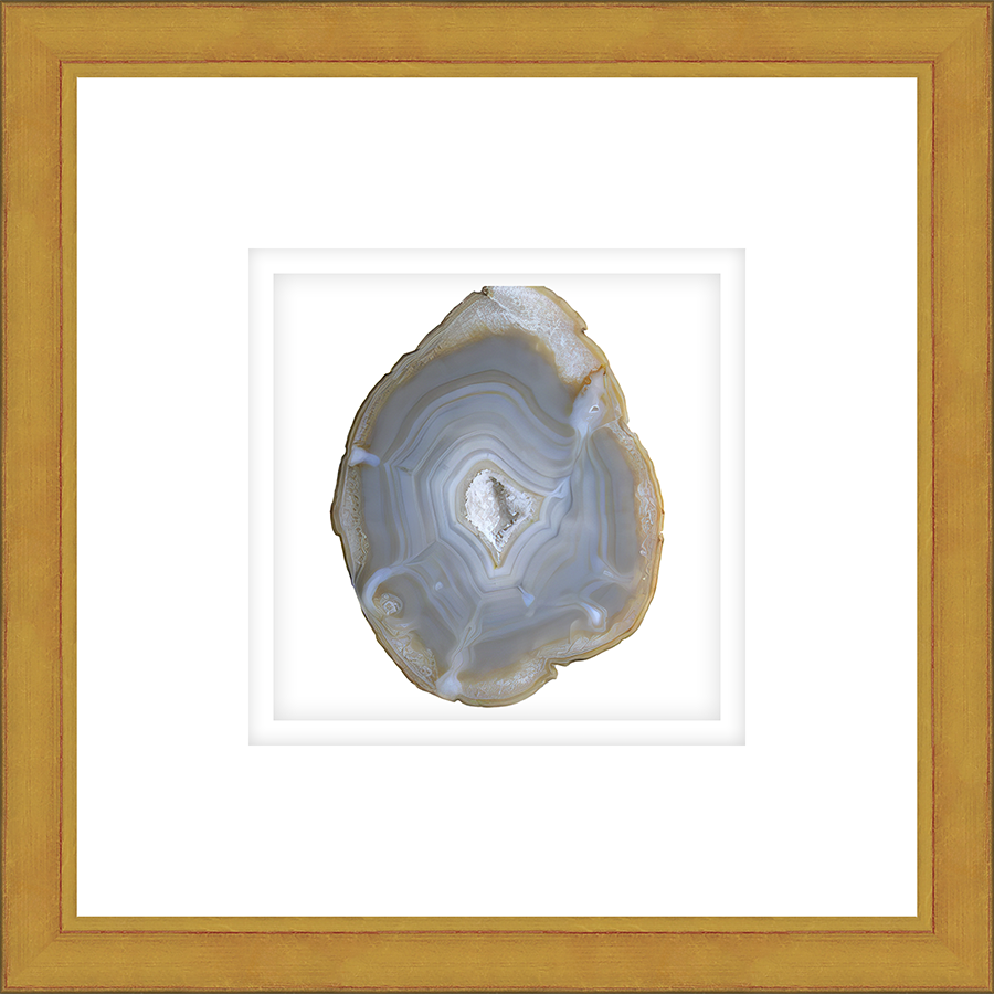 ASGY02 - FRAMED AMBER AGATE SLICE Shadow box hand framed in a traditional gold frame. Finished Size: W 16.00 in x H 16.00 in