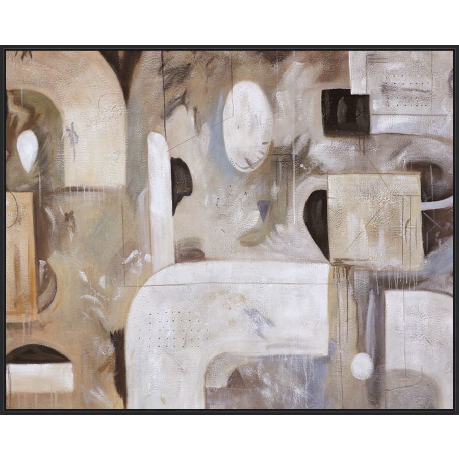 EAHPC22004 - TAUPE AND WHITE MEDITATION framed floating in a contemporary black frame. Finished Size: W 60.00 in x H 48.00 in