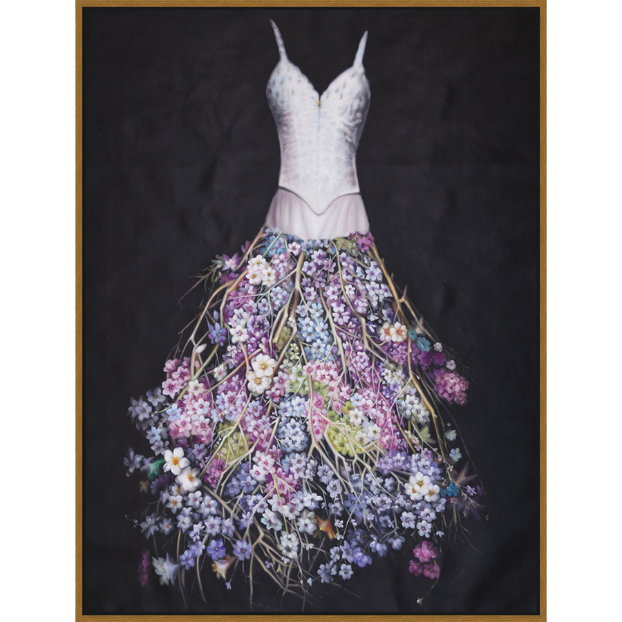 EAHPC22016 - FLORAL SKIRT framed floating in a contemporary gold frame. Finished Size: W 36.00 in x H 48.00 in