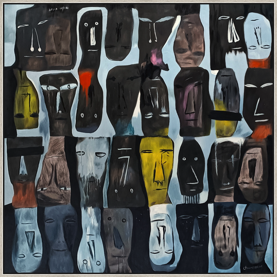 EAHPC22021 - MASKS framed floating in a contemporary silver frame. Finished Size: W 50.00 in x H 50.00 in