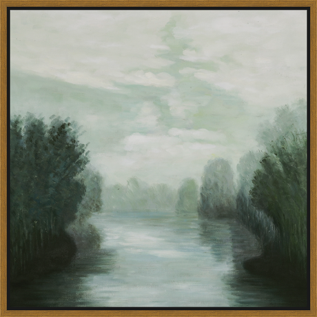 EAHPC22025 - MISTY RIVER framed floating in a contemporary gold frame. Finished Size: W 24.00 in x H 24.00 in
