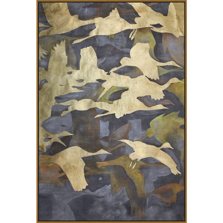 EAHPC22039A - GOLD BIRDS IN MOTION I framed floating in a contemporary gold frame. Finished Size: W 48.00 in x H 72.00 in