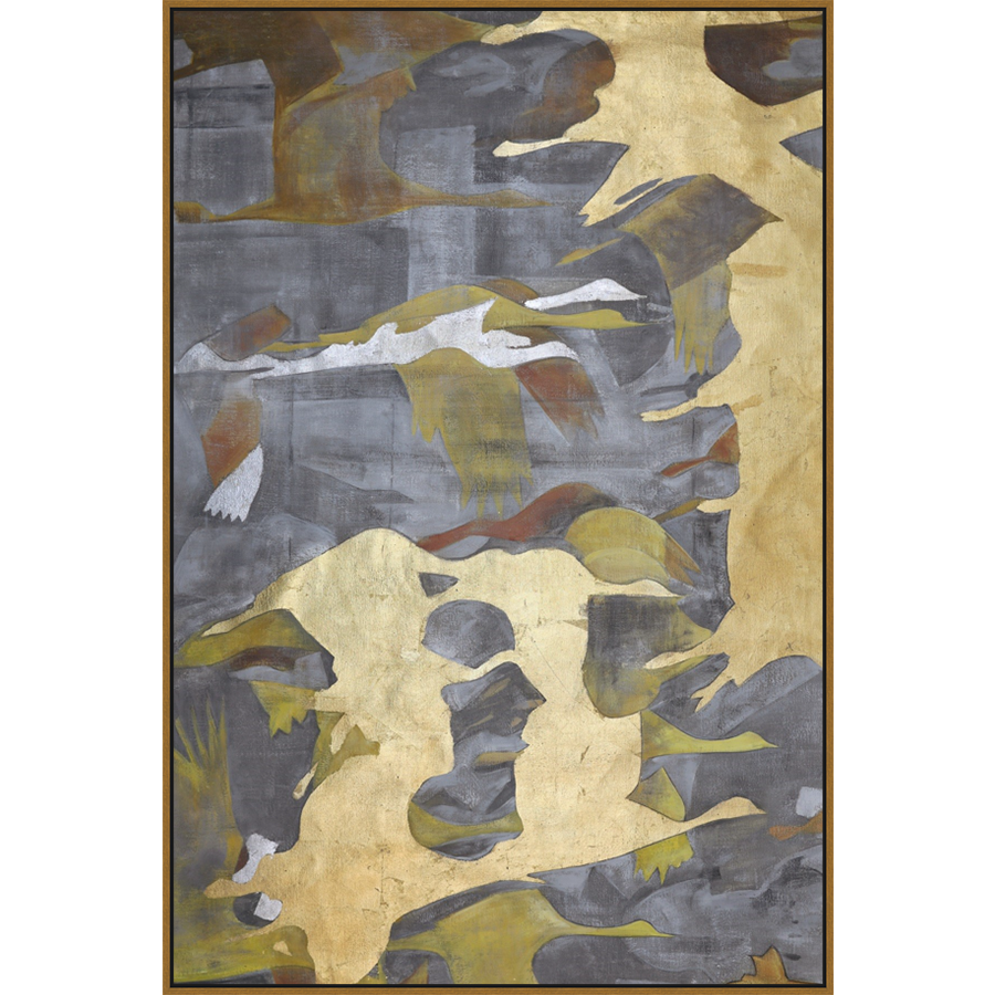 EAHPC22039B - GOLD BIRDS IN MOTION II framed floating in a contemporary gold frame. Finished Size: W 48.00 in x H 72.00 in