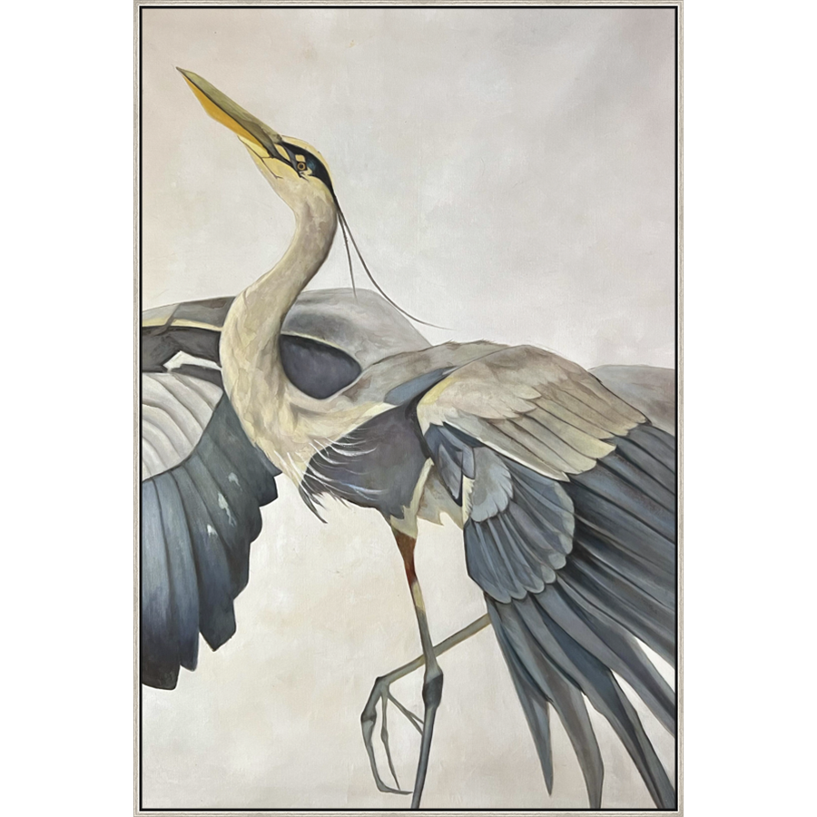EAHPC22045 - HERON TAKING FLIGHT II framed floating in a contemporary silver frame. Finished Size: W 50.00 in x H 75.00 in