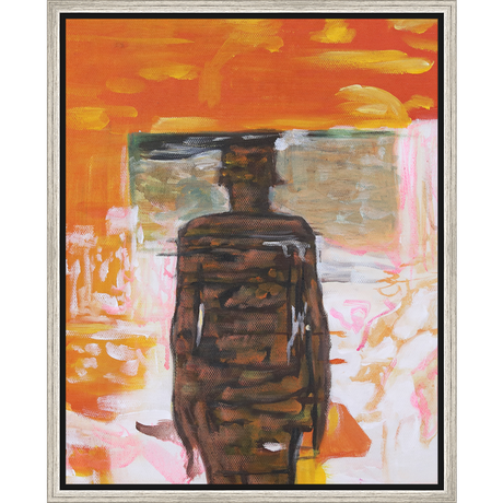 EAHPC22066 - BROWN FIGURE ON ORANGE AND PINK framed floating in a contemporary silver frame. Finished Size: W 16.00 in x H 20.00 in