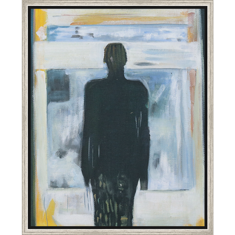 EAHPC22068 - BLACK FIGURE ON BLUES AND GREENS framed floating in a contemporary silver frame. Finished Size: W 16.00 in x H 20.00 in