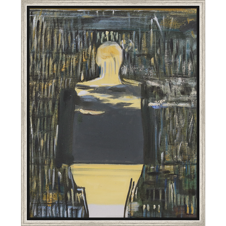 EAHPC22075 - YELLOW FIGURE ON BLACK I framed floating in a contemporary silver frame. Finished Size: W 16.00 in x H 20.00 in