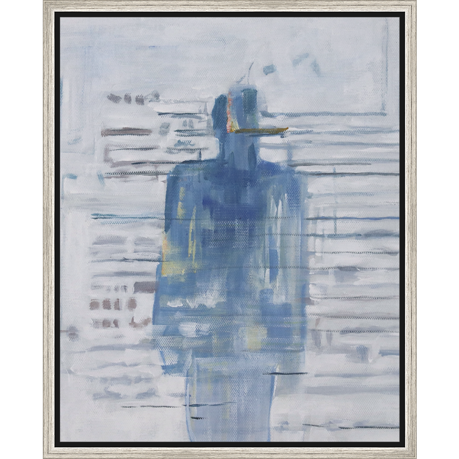EAHPC22078 - BLUE FIGURE ON STRIPES framed floating in a contemporary silver frame. Finished Size: W 16.00 in x H 20.00 in
