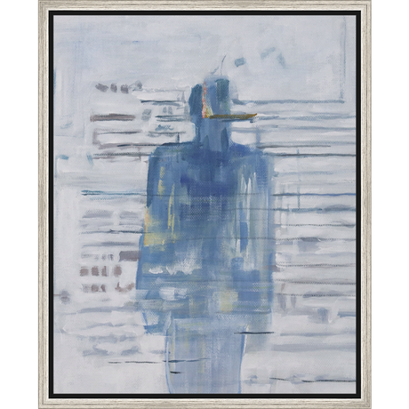 EAHPC22078 - BLUE FIGURE ON STRIPES framed floating in a contemporary silver frame. Finished Size: W 16.00 in x H 20.00 in