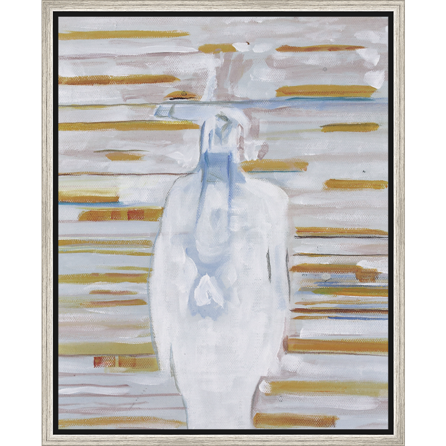 EAHPC22080 - WHITE FIGURE ON STRIPES framed floating in a contemporary silver frame. Finished Size: W 16.00 in x H 20.00 in