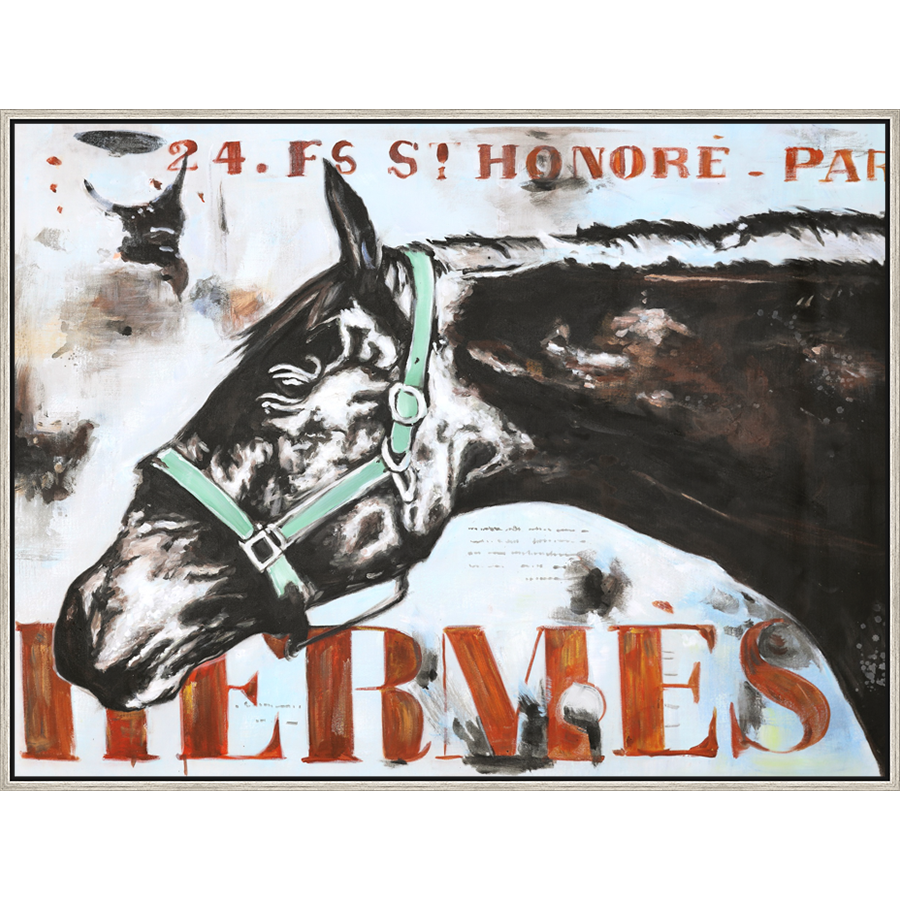 EAHPC22110 - FANCY BLACK HORSE I framed floating in a contemporary silver frame. Finished Size: W 48.00 in x H 36.00 in