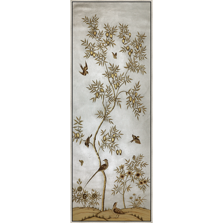 EAHPC23007A - BOTANICAL WITH BIRDS I framed floating in a contemporary silver frame. Finished Size: W 30.00 in x H 84.00 in