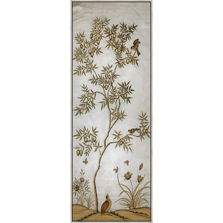 EAHPC23007B - BOTANICAL WITH BIRDS II framed floating in a contemporary silver frame. Finished Size: W 30.00 in x H 84.00 in