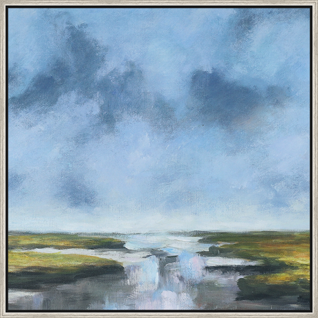 EAHPC23026 - SUMMER MARSH SCENE framed floating in a contemporary silver frame. Finished Size: W 30.00 in x H 30.00 in
