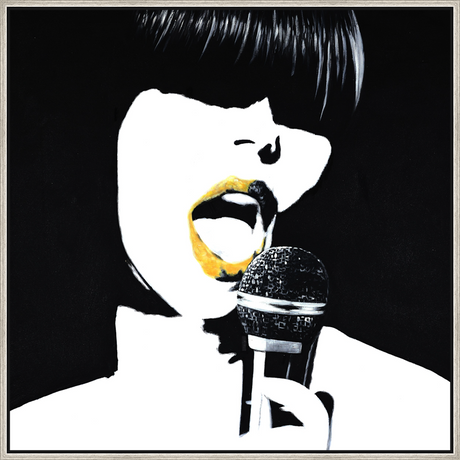 EAHPC23045 - GOLD LIPS AND MIC framed floating in a contemporary silver frame. Finished Size: W 36.00 in x H 36.00 in