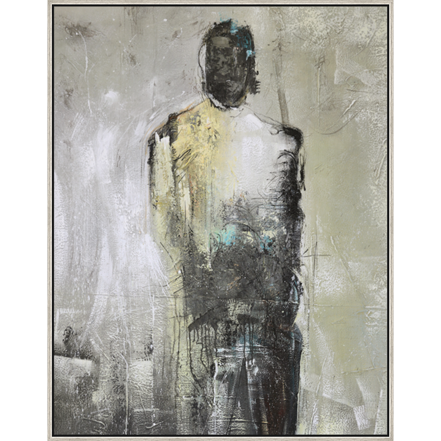 EAHPC23061 - BLACK HELMET AND YELLOW CAPE framed floating in a contemporary silver frame. Finished Size: W 42.00 in x H 54.00 in