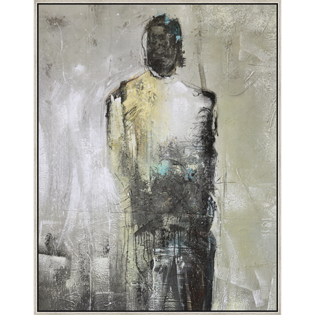 EAHPC23061 - BLACK HELMET AND YELLOW CAPE framed floating in a contemporary silver frame. Finished Size: W 42.00 in x H 54.00 in