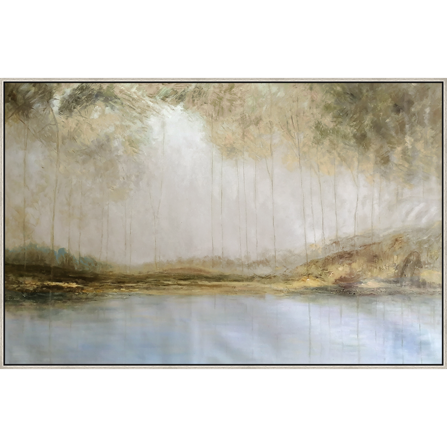 EAHPC23065 - AUTUMN LAKE AT DUSK framed floating in a contemporary silver frame. Finished Size: W 70.00 in x H 45.00 in