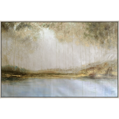 EAHPC23065 - AUTUMN LAKE AT DUSK framed floating in a contemporary silver frame. Finished Size: W 70.00 in x H 45.00 in
