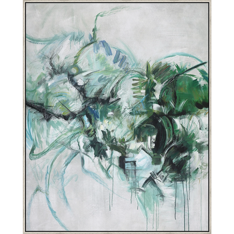 EAHPC23083B - GREEN TURBULENCE II framed floating in a contemporary silver frame. Finished Size: W 48.00 in x H 60.00 in