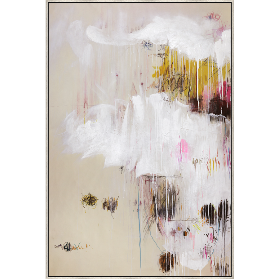 EAHPC23093 - YELLOW AND RED ABSTRACT framed floating in a contemporary silver frame. Finished Size: W 48.00 in x H 72.00 in