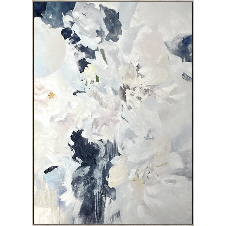 EAHPC23129 - INFUSED WITH BLUE I framed floating in a contemporary silver frame. Finished Size: W 60.00 in x H 84.00 in