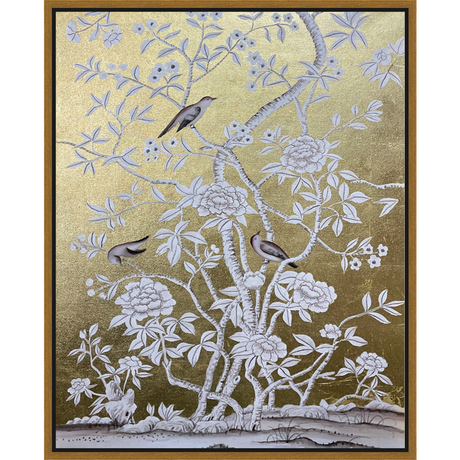 EAHPC24004 - FLORAL AND BIRDS ON GOLD I framed floating in a contemporary gold frame. Finished Size: W 24.00 in x H 30.00 in
