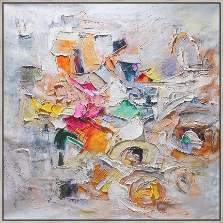 EAHPC24022 - PASTEL SPLASH II framed floating in a contemporary silver frame. Finished Size: W 50.00 in x H 50.00 in