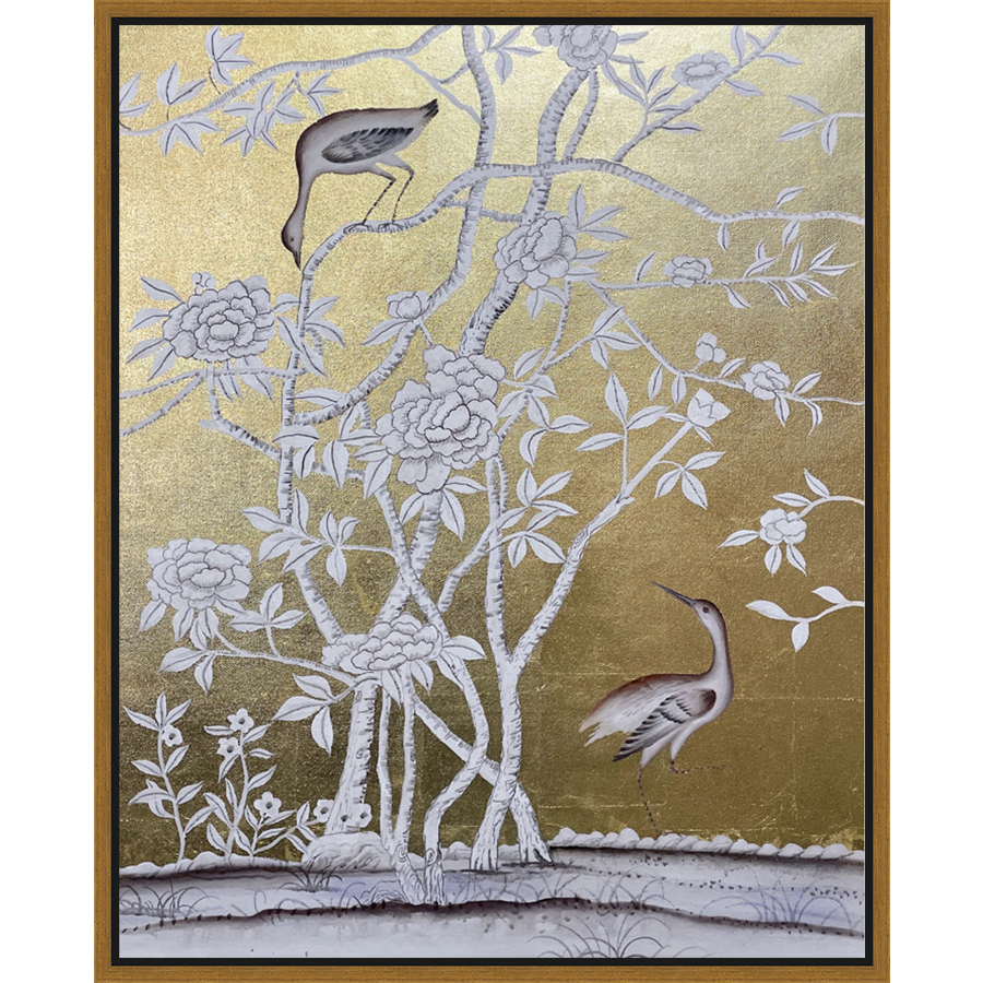 EAHPC24037 - FLORAL AND BIRDS ON GOLD II framed floating in a contemporary gold frame. Finished Size: W 24.00 in x H 30.00 in