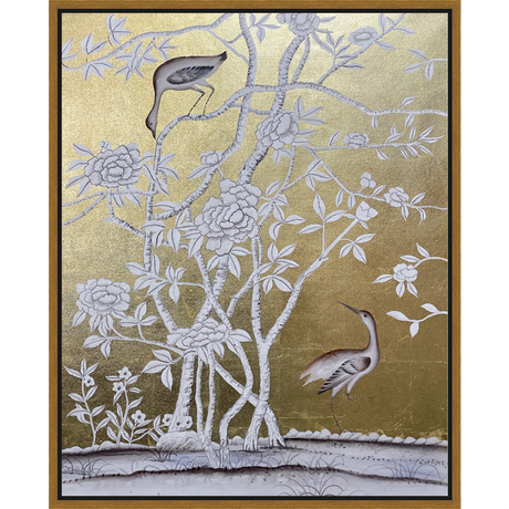 EAHPC24037 - FLORAL AND BIRDS ON GOLD II framed floating in a contemporary gold frame. Finished Size: W 24.00 in x H 30.00 in
