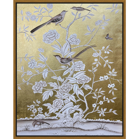 EAHPC24050 - FLORAL AND BIRDS ON GOLD III framed floating in a contemporary gold frame. Finished Size: W 24.00 in x H 30.00 in