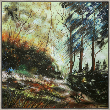 EAHPC24055 - SUNRISE IN THE FOREST framed floating in a contemporary silver frame. Finished Size: W 40.00 in x H 40.00 in